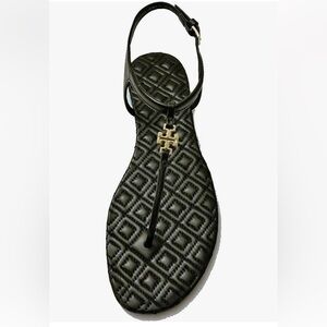 TORY BURCH Marion Quilted Black Leather T-Strap Gold Logo Sandals Size 8 Luxury